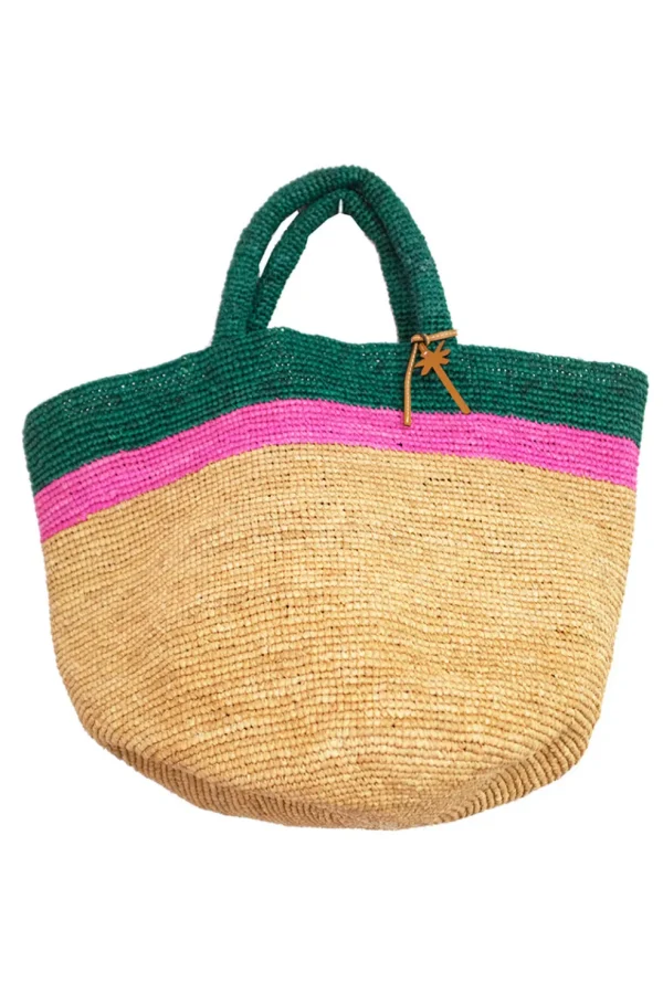 Borsa a mano Manebi da donna in raffia verde e fuxia summer