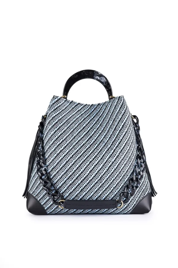 Borsa a spalla Viamail bag in rafia celeste e nero nora cross