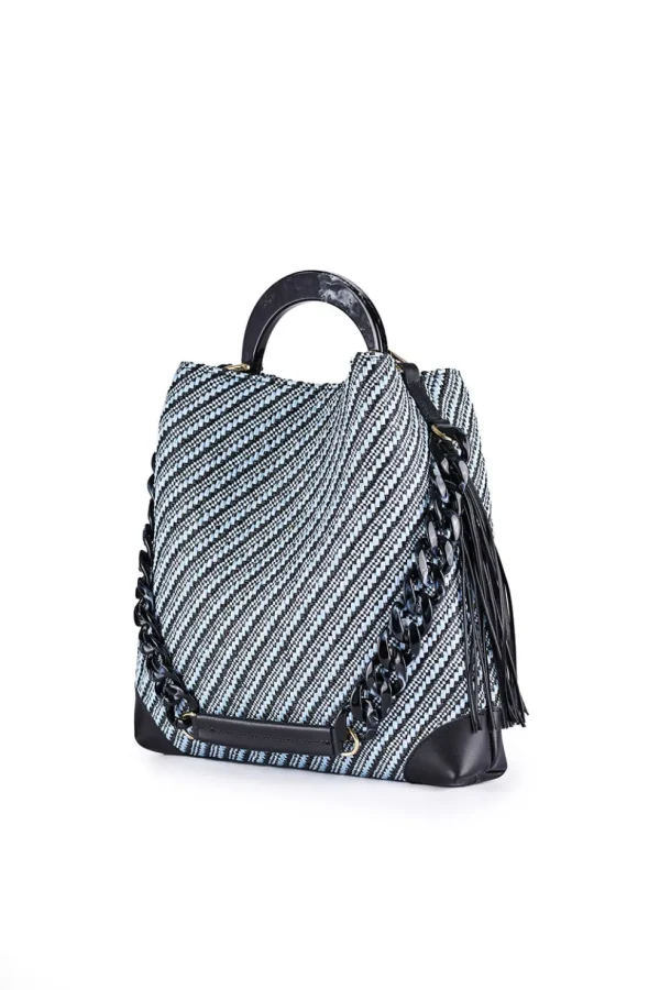 Borsa a spalla Viamail bag in rafia celeste e nero nora cross