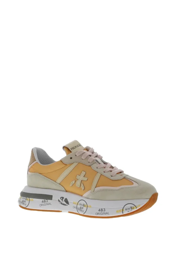 Sneakers Premiata in camoscio e tessuto beige e arancio cassie 6345